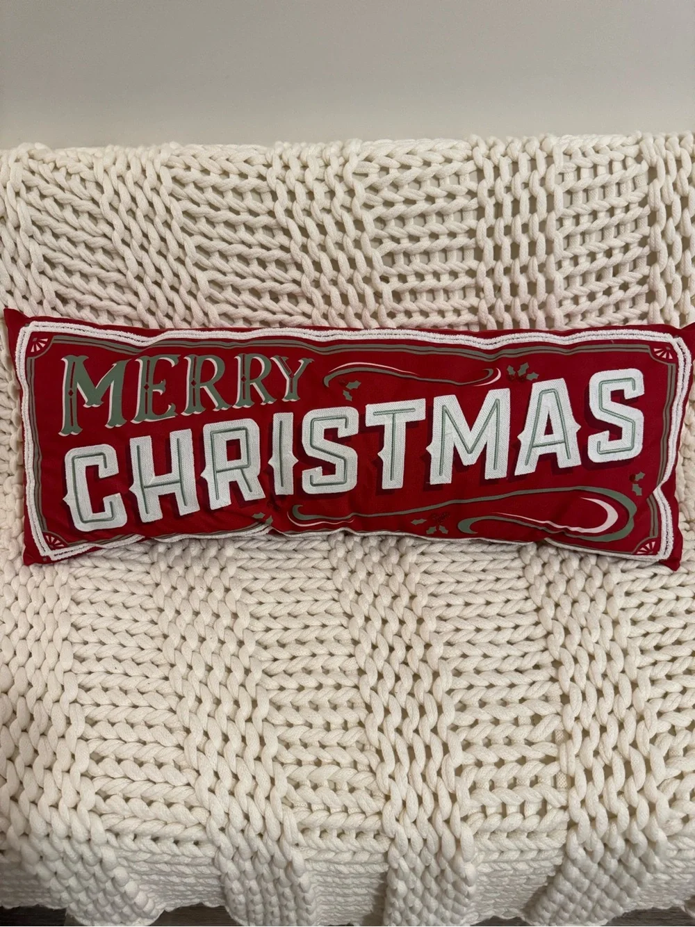 Merry Christmas Red Holiday Lumbar Pillow - Decorative Accent 34x13.5